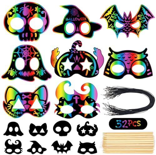Leesgel Halloween Scratch Painting Maske,32 Stück Halloween Kratzbilder für Kinder,Halloween Scratch Art Masken für Kinder mit Elastischen Kordeln und Holz Stylus, Halloween Geschenke für Kinder