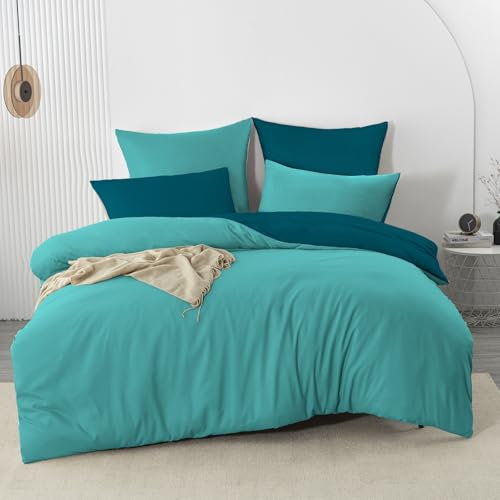 Nesture Bettwäsche 135x200 2teilig Türkis/Petrol Bettwäsche Sets Microfaser Wendebettwäsche 135 x 200, weich & bügelfrei 1 Bettbezug + 1 Kissenbezug 80x80cm mit Reißverschluss
