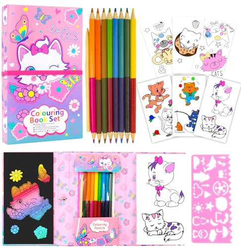 Pinkgarden Malvorlagen-Set für Mädchen, Katzen-Malbuch mit 60 Seiten und 8 Buntstiften zum Zeichnen und Malen, Reise-Malvorlagen für Kinder und Mädchen (Katze)