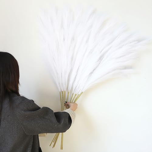 Larber 8 pcs Faux Pampas Grass 113CM, Soffice Erba Artificiale Pampas Falso Erba Pomposa per Vaso Home Wedding Decor (bianco)