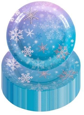 PHUNAT Blue Paper Plates, Pack of 50 9'' Gradient Color Party Plates,Purple Birthday Party Plates,Dinner Paper Plates,Snowflake Party Supplies Decor for Winter Holiday Xmas Frozen Party