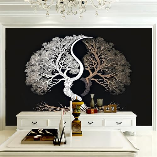 Papier Peint Arbre de vie yin-yang, 250 x 175 cm, Poster Geant Mural Personnalisé, pour Salon Chambre Chambre restaurant Décoration Noir Murale
