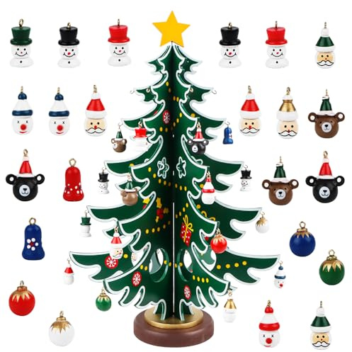 Adventskalender 2026 mit Hölzernen Weihnachtsbaum und 28 Ornamenten, 24 Tage Weihnachten Countdown Adventskalender für Erwachsene Jungen Mädchen Kinder Spielzeug Geschenke Decoration