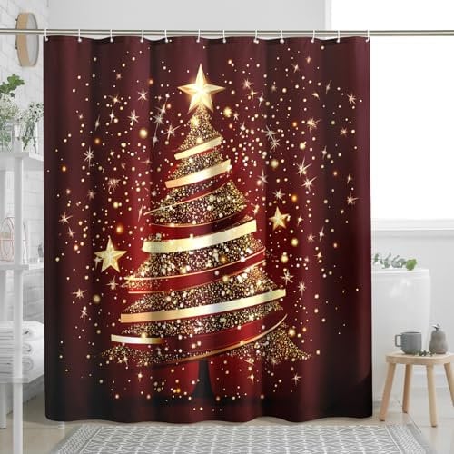 Christmas Tree Shower Curtain, Red Glitter Holiday Curtain for Bathroom Xmas Decoration, Winter Festive Modern Waterproof Fabric Shower Curtain Set with Hooks 72x72 Inch