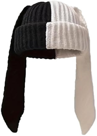 WUODHTW Damen-Beanie-Mütze mit langen Ohren, niedlich, lustig, gestrickt, Winter, warm, Ski, Totenkopf, Outdoor, Slouchy Hat, schwarz / weiß, Einheitsgröße