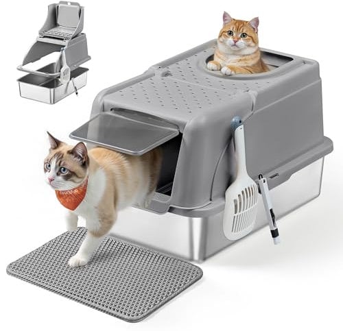 Feandrea Katzenklo Edelstahl, XL, Katzentoilette mit Deckel, mit Schaufel, Bürste und 2 Eingängen, für Katzen bis 15 kg, Taubengrau PPT005G01