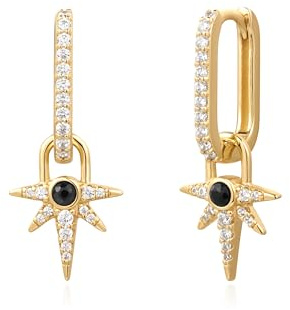 ANIA HAIE Damen Creolen Dusk Divas Black Onyx Star Drop Huggies aus 925 Sterling Silber, besetzt mit 1 Schwarzer Achat und 46 Zirkonia, Größe: 14 x 10 mm, inkl. Geschenkverpackung
