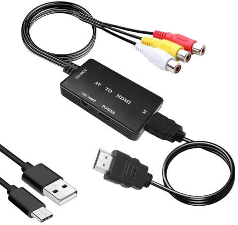 Convertidor RCA a HDMI, convertidor AV a HDMI 720/1080P con cable HDMI, adaptador de entrada RCA a salida HDMI, soporte de audio de vídeo PAL/NTSC para PC, portátil, TV, WII, Xbox, PS2, PS3, STB, VHS,
