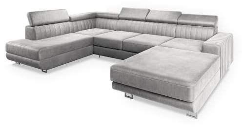 Masseno Ecksofa Siena L-S mit Schlaffunktion U-Form, Sofa mit Bettkasten, Wohnzimmersofa, Couch, Soffa, Bettsofa, Couchgarnitur- Hellgrau, Monolith 84
