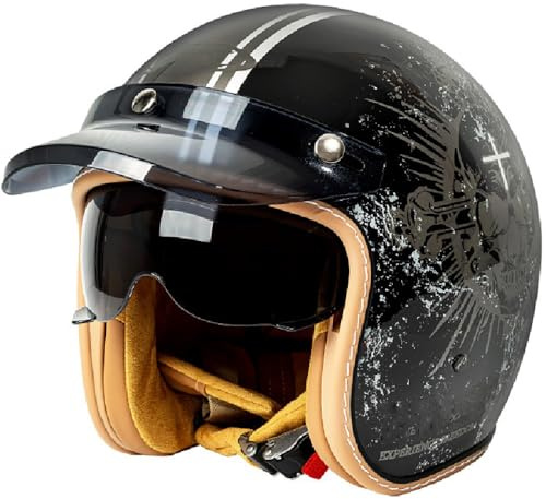 Vintage Motorrad Jet Helm mit Visier, ECE/DOT genehmigt Crash Jet Helm, Motorrad Open Face Helm, für Männer Frauen Road Legal, Retro 3/4 Open Face Design