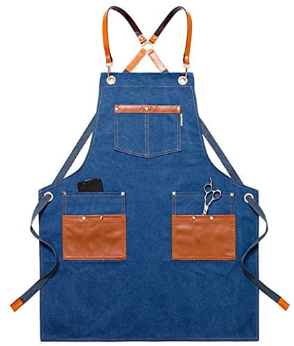 MYXJX Schürze, Werkzeugschürze, Segeltuch, Küchenschürzen, Chef-Arbeitsschürze, Bar, Geschäft, Cafés, Schönheitsschürze for Männer und Frauen(Blu)
