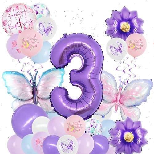 Schmetterling Deko Geburtstag Mädchen 3 Jahre - 31 Stück Geburtstagsdeko Luftballons Schmetterlinge Folienballon Zahlenballon, Lila Geburtstags Party Dekoration Ballons für Kinder