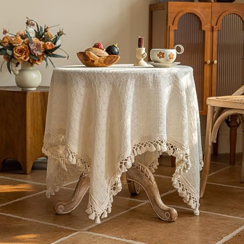 auons Kleine quadratische Tischdecke Baumwolle Leinen Tischdecken mit Quasten Makrame, Beige Rustikale Bauernhaus Staubdicht Shabby Chic Tischdecke, 60 x 60 cm