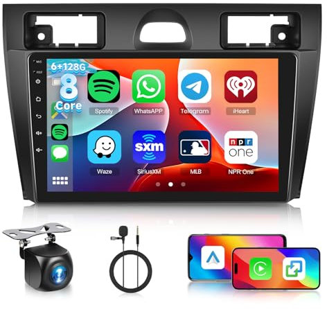Hodozzy [6G+128G] 8-Core Android Autoradio für Ford Fiesta 2006-2011 mit Bluetooth Navi, 9 Zoll Touchscreen Autoradio mit Wireless Carplay Android Auto, WiFi USB DSP FM/RDS Radio 2 Din+ Kamera