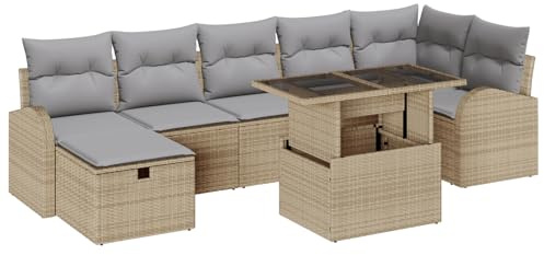 vidaXL Garten-Sofa-Set mit Kissen mit Speicher 8 pcs Beige Poly Rattan, Stylisches Garten-Sofa-Set, Moderne Lounge-Möbel, verstellbare Füße, wetterfest, perfekt für Terrasse und Garten