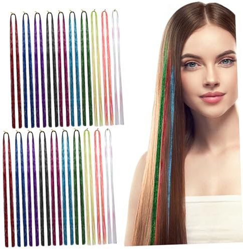 FOYTOKI 20 Stück Haar Lametta 90cm Lang Bunte Glänzende Haarsträhnen Regenbogen Farben Leichte Zopfverlängerung Für Frauen Haarseil Für Flechten Und Pferdeschwanz