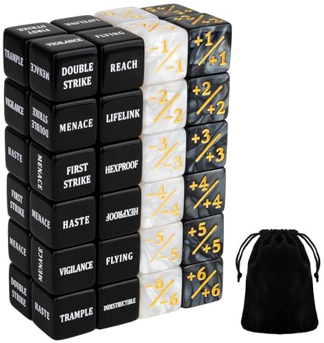 Omnikryp 48 Stück Würfel Zähler, Kartenspiel Zubehör mit Aufbewahrungsbeuteln, Magic Würfel, Fähigkeiten Schlüsselwörter Zählwürfel, Kreaturenstatistik Buff, Loyalitätswürfel Token, für MTG, TCG