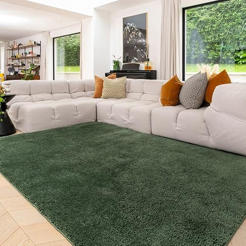 Dark Green Machine Washable Warm Insulating Soft Cosy Touch Plush Thick Shaggy Rug for Bedroom Livingroom Hallway 200cm x 290cm (6ft 7 x 9ft 6)