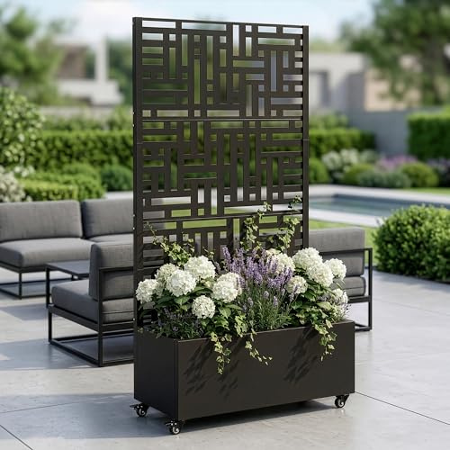 casa.pro Blumenkasten mit Sichtschutz Bernalda 186x120x40 cm Schwarz | Trennwand mit Rollen, Rankgitter, Metall, verzinkt, für Balkon, Terrasse, Pflanzkübel hoch, indoor, outdoor