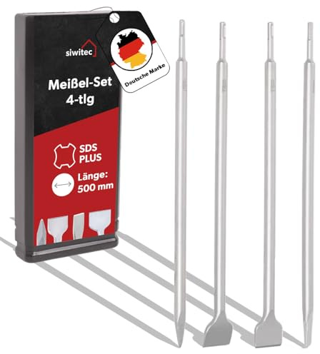 siwitec SDS Plus Meißelset 4-teilig – 1x Spitzmeißel, 1x Flachmeißel, 1x Breimeißel 1x Fliesenmeißel 500 mm lang, Meißel SDS PLUS, Schlagfest für Beton, Mauerwerk & Fliesen
