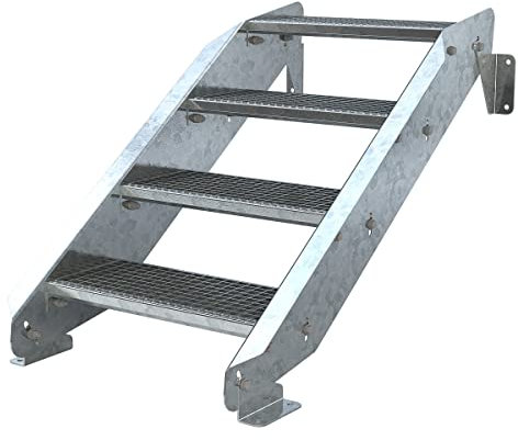 Außentreppe 4 Stufen 60 cm Laufbreite - ohne Geländer - Anstellhöhe variabel von 62 cm bis 84 cm - Gitterroststufe ST3 - feuerverzinkte Stahltreppe mit 600 mm Stufenlänge als montagefertiger Bausatz