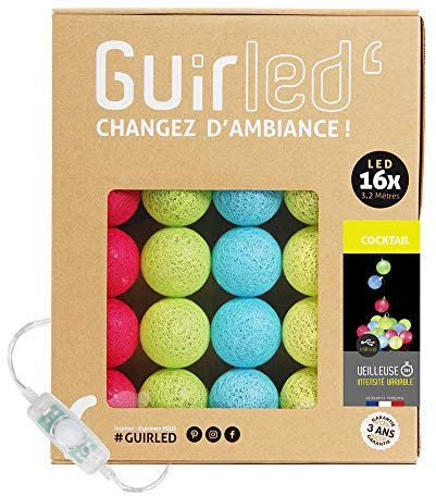GuirLED - LED Baumwollkugeln Lichterkette USB - Baby Nachtlicht 2h - Dual USB 2A Netzteil enthalten - 3 Intensitäten - 16 Kugeln 1.6m - Cocktail