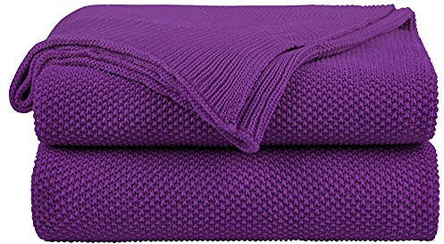 PiccoCasa Cotton Knitted Throw Blanket - Purple 130x150cm | Soft 100% Cotton Throw Blanket for Sofa & Couch, Bed Throw