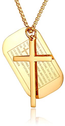 JewelryWe Schmuck Herren Kreuz Halskette, Retro Kruzifix Englisch Bibel Herr Gebet Erkennungsmarken Dog Tag Anhänger mit 24 Zoll Kette, Edelstahl, Gold, kostenlos Gravur