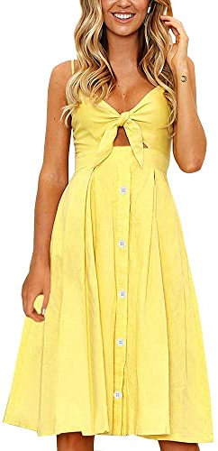 Fancyinn Robe Femmes sans Manches Boutonnee Floral Imprime Spaghetti Strap Button Down Robe Midi, Jaune, L(42-44)