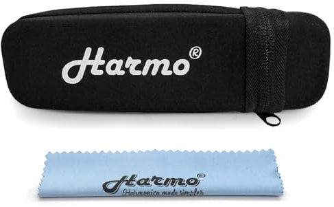 Harmo Harmonica Case for 12 Hole Chromatic Harmonica, Single Harmonica Protective Zippered Carrying Case, Storage Case with Cleaning Cloth - Fits Hohner, Suzuki, Seydel - Designed in USA