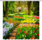 BCNEW Frühlingsgarten-Duschvorhang, bunte Fantasie-Blumen, grüne Pflanze, Tulpen, Blumen, Wald, Bäume, Wiese, Bauernhaus, natürliche Landschaft, Badezimmer-Vorhang, Polyestergewebe mit Haken, 178 x