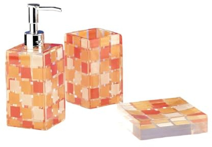 sanwood- 3tlg Set Bad Accessoires Seifenspender Zahnputzbecher Seifenschale Mosaik Orange