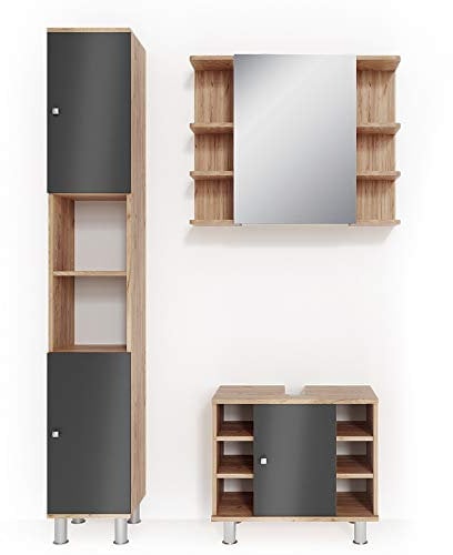 Vicco Badmöbel-Set Fynn, Badezimmerschrank-Set, Eiche/Anthrazit, 3 Teile, mit Hochschrank