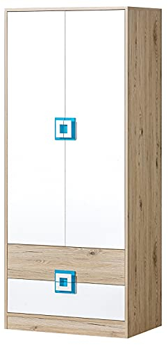 Furniture24 Kleiderschrank NICO 01, Drehtürenschrank, Schrank mit 2 Schubfächern und Kleiderstange (Hell Eiche/Weiß/Türkis)