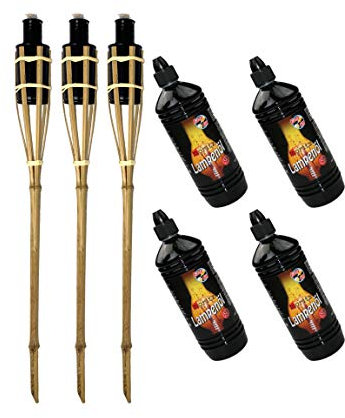 Moritz 3X Bambusfackeln Fackel 60 cm Standard Natur + 4X 1000ml Lampenöl Gartenfackel Ölfackeln Garten Deko Öllampe Wegleuchte