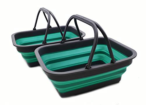SAMMART 9.2L Collapsible Tub with Handle - Portable Outdoor Picnic Basket/Crater - Foldable Shopping Bag - Space Saving Storage Container (Grey/Turquoise Blue, 2)