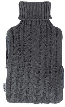 LIVIVO 2L Hot Water Bottle with Knit Cover & Hand Pockets – Large Thermoplastic Hot Water Bag for Warmth, Pain Relief & Cosy Comfort – Machine Washable Sleeve – Grey