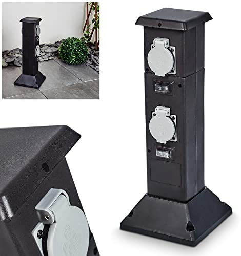 Außensteckdose Garvais, Gartensteckdose aus Kunststoff in Schwarz/Grau mit 4 Steckdosen und Klappdeckeln zur Festinstallation, Mehrfachsteckdose für draußen, 16A, max. Leistung 3680 Watt, 40 cm, IP 44