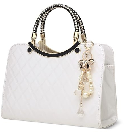 DIRRONA Damenhandtasche Mit Rautensteppmuster Und Elegantem Perlenanhänger – Mittelgroße Schultertasche Und Umhängetasche Damen Aus PU-Leder Für Hochzeit, Party, Büro, AlltagElegantes Weiß
