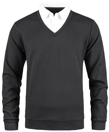 Yukirtiq Pull Homme avec Faux col de Chemise Aotonne Hiver Pull-Over Sweat Manche Longue Pulls avec col Chemise, Noir+Blanc, L