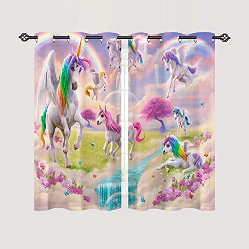 ANHOPE Regenbogen Einhorn Blume Vorhänge mit Ösen Blickdichte Gardinen Thermo Vorhang Blackout Curtain Schlafzimmer Wohnzimmer Kinder Mädchen Verdunklungsvorhänge 2er Set H 138 x B 71 cm
