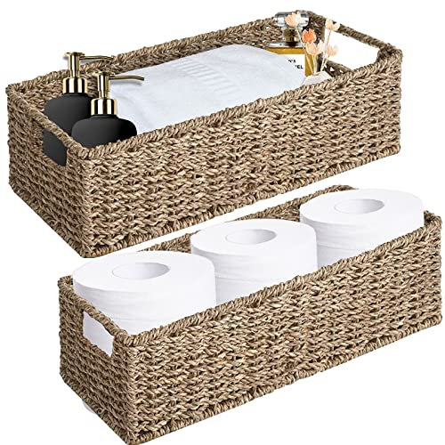 OUTBROS Aufbewahrungskorb geflochten, 2er Set Rattankorb aus gewebtem, Deko Aufbewahrungsbox, Organizer Körbchen in Shelf, 34 × 13,5 × 10 cm und 37 × 16,5 × 11 cm, Seegras 