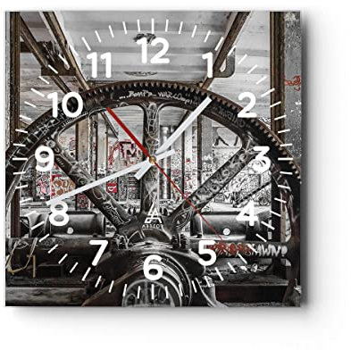 Modern Wanduhr Maschine Industrie Graffiti 40x40cm Quadrat Groß Wand Uhr Glas Analog Zimmeruhren Küche Büro Wohnzimmer Glasuhr Wall Clock Dekoration Design Wanddekoration Küchenuhr C4AC40x40-4304