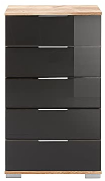 Lomadox Schlafzimmer Schubkastenkommode in Plankeneiche Nb. mit grauem Glas, B/H/T ca. 49/102/41 cm
