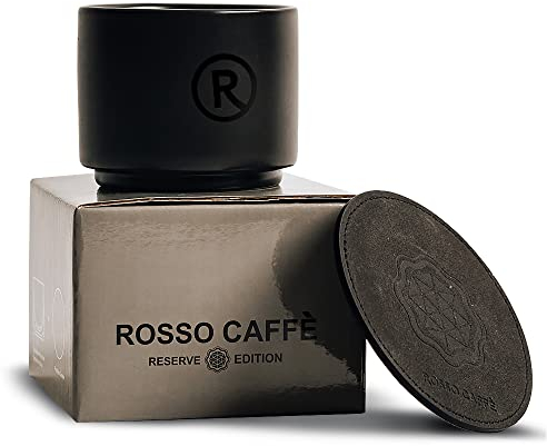 ROSSO CAFFÈ Doppelwandige Keramiktasse mit gut gestaltetem Untersetzer für Cappuccino oder Lungo, 184 ml, Schwarz, BPA-frei und spülmaschinenfest