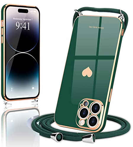 Wirvyuer Coque avec Cordon pour iPhone 14 Pro Max Coque Ultra Mince Silicone Souple Étui en Motif Coeur avec Chaîne Collier Réglable Téléphone Portable Lanyard Case pour iPhone 14 Pro Max Vert foncé