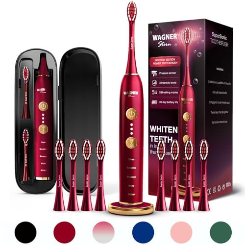 Wagner Stern WHITEN+ – Brosse à dents électrique avec capteur de pression, 5 modes, 3 intensités, 8 têtes souples, moteur puissant, étui de voyage luxe inclus