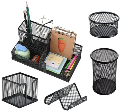 Moulaelos Schreibtisch Organizer Set 5-teilig, Mesh Metall Büro-Organizer mit Stiftehalter, Zettelbox, Büroklammerspender und Visitenkartenhalter, Schwarz