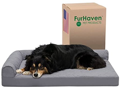 FurHaven Cooling Gel Dog Bed for Large/Medium Dogs w/Removable Bolsters & Washable Cover, For Dogs Up to 55 lbs - Pinsonic Quilted Paw L Shaped Chaise - Titanium, Large