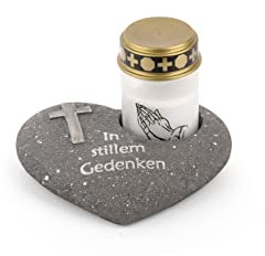 Novaliv Grabschmuck Herz Anthrazit mit Kreuz Spruch In stillem Gedenken inkl. LED Grablicht Weiß Grabdeko Grabherz Wetterfest Grabdekoration Gedenkstein Teelichthalter Trauerstein